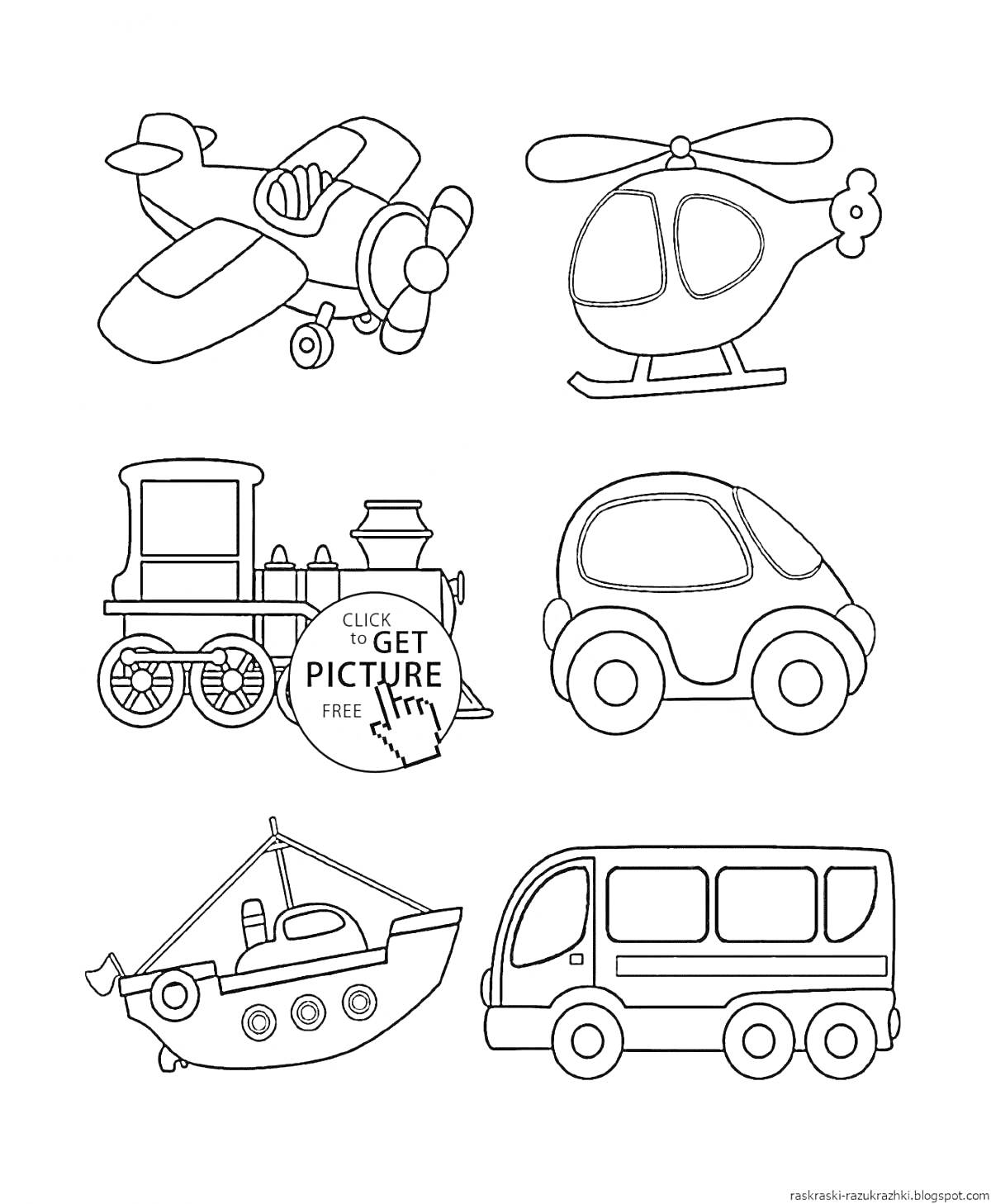 На раскраске изображено: Транспорт, Вертолет, Паровоз, Легковая машина, Катер, Автобус