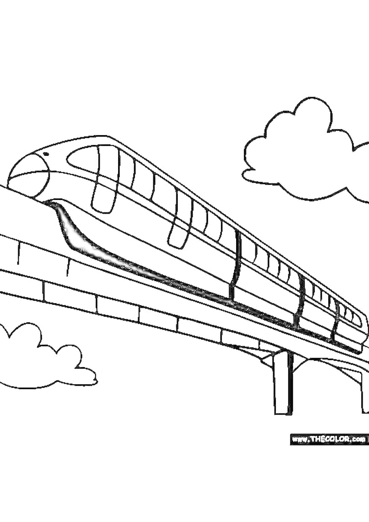 Раскраска Воздушный аэроэкспресс на мосту с облаками на фоне