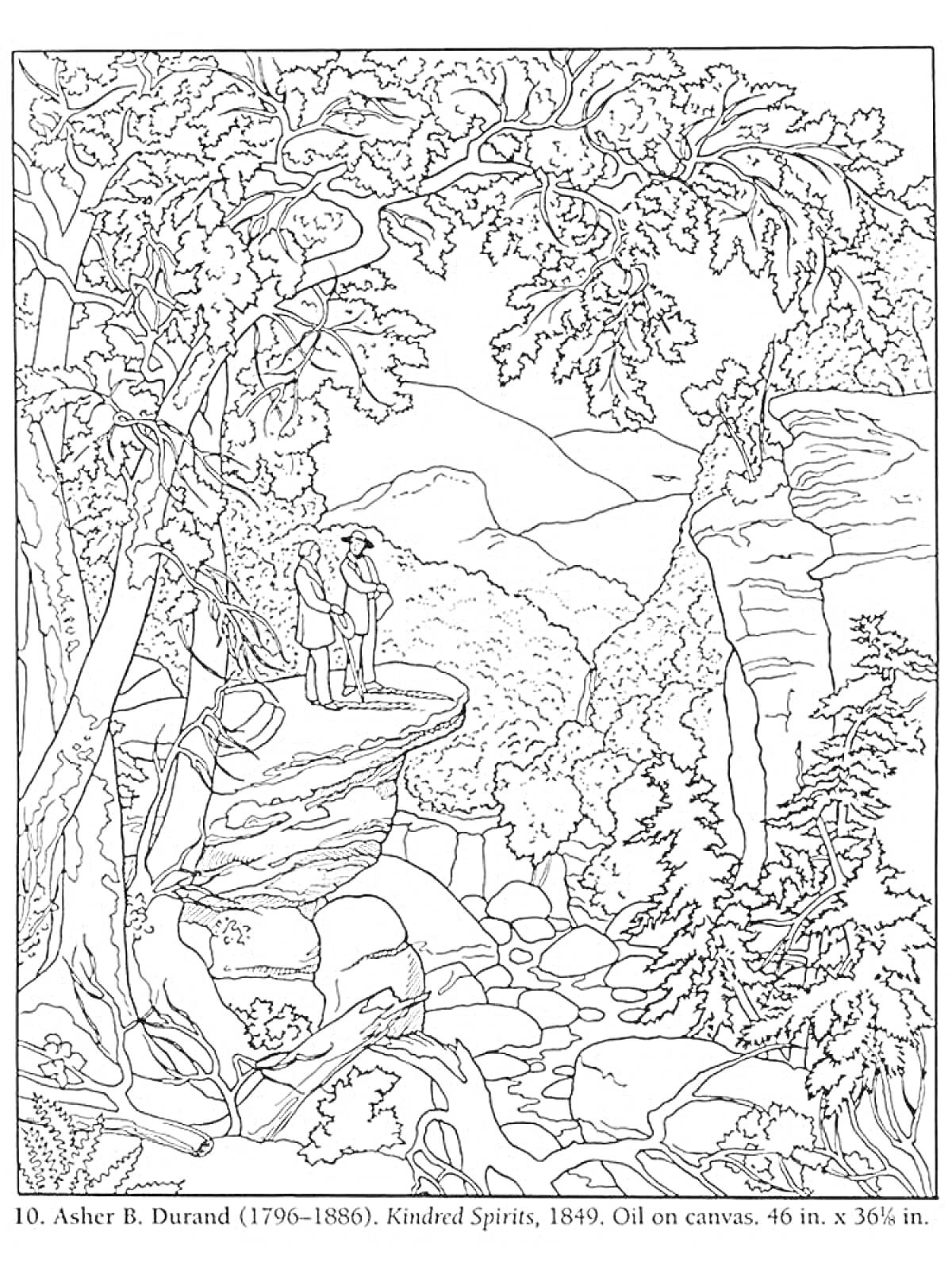 На раскраске изображено: Природа, Пейзаж, Река, Деревья, Лес, Горы, Человек, Скалы