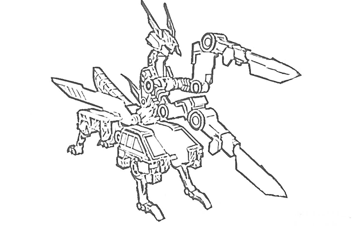 Раскраска Робот-трансформер с насекомоподобной головой и кузовом машины