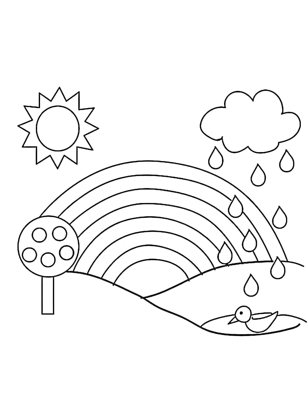 Раскраска Радуга с солнцем, облаком, дождем, деревом и уткой в пруду