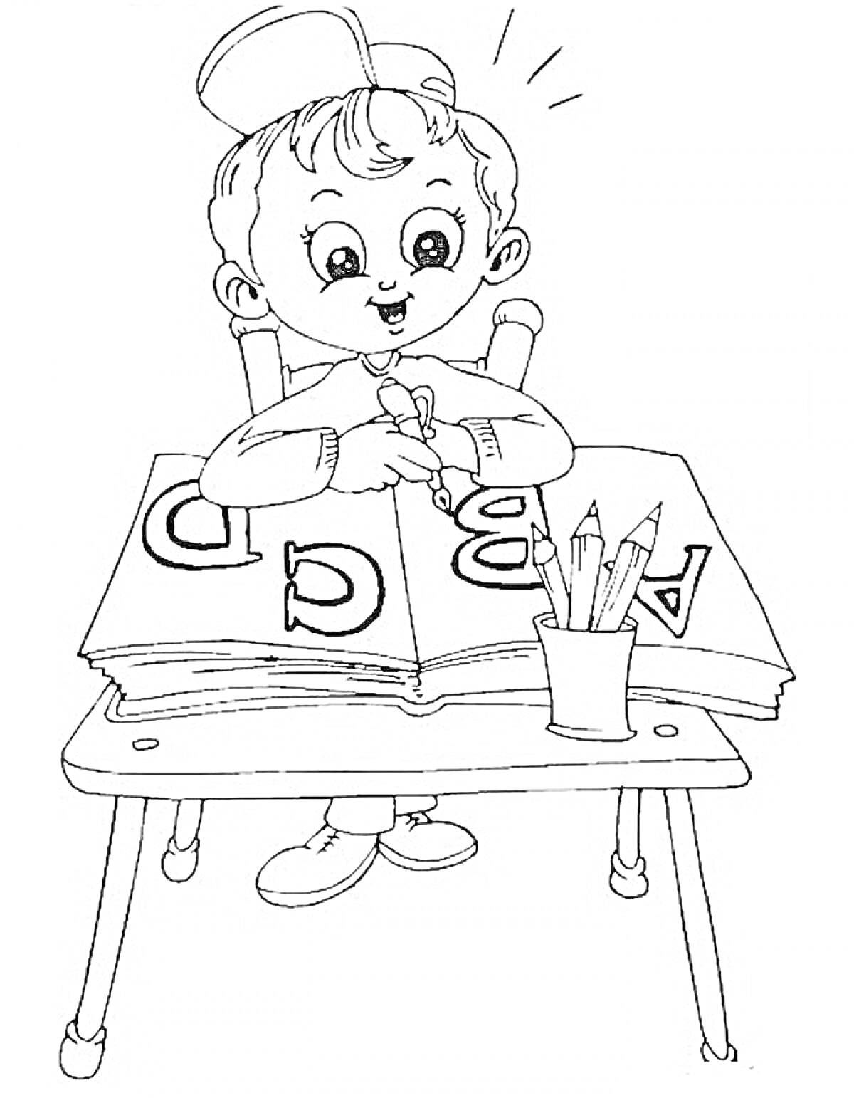 На раскраске изображено: Ребёнок, Школа, Книга, Буквы, Карандаши, Учеба, Чтение, Парты