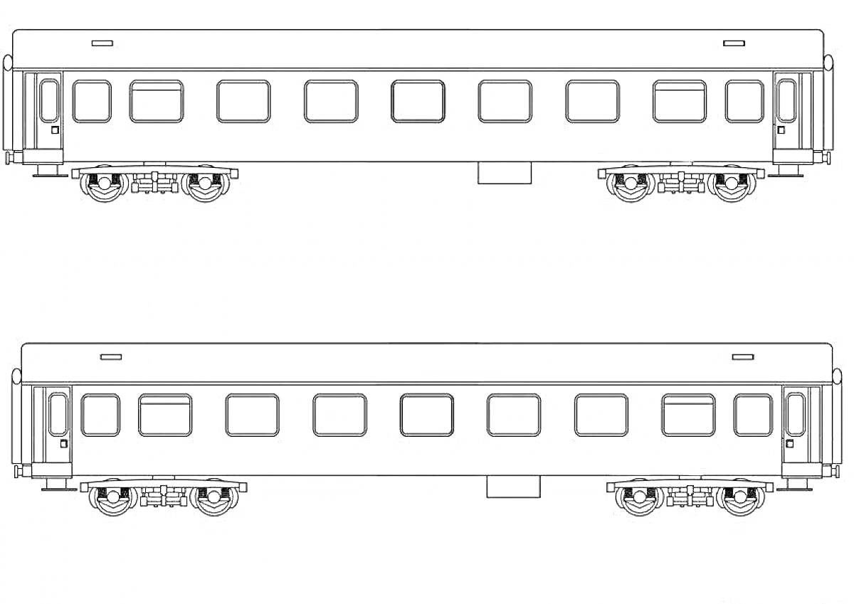Раскраска Пассажирский поезд, два вагона с окнами, колёсными парами и дверьми