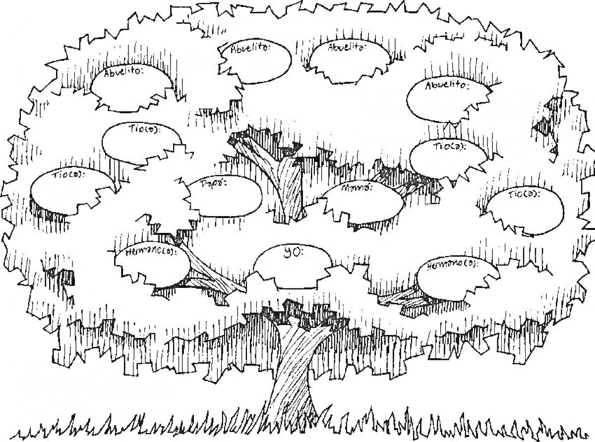 Раскраска генеалогическое дерево с пустыми овалами для заполнения именами