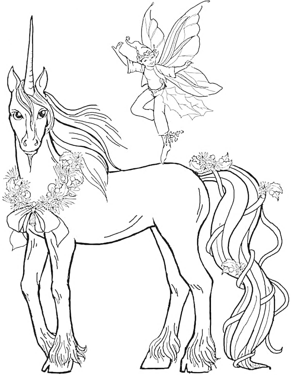 На раскраске изображено: Феи, Единороги, Крылья, Цветы, Венок, Грива, Волшебство