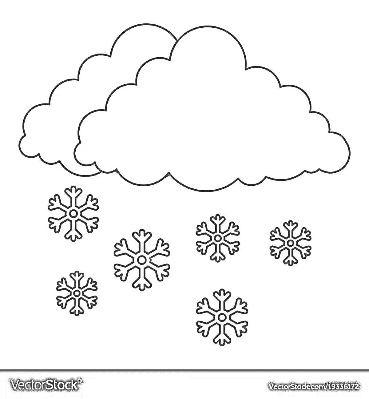 На раскраске изображено: Облака, Снег, Снежинки, Зима, Природа, Погода