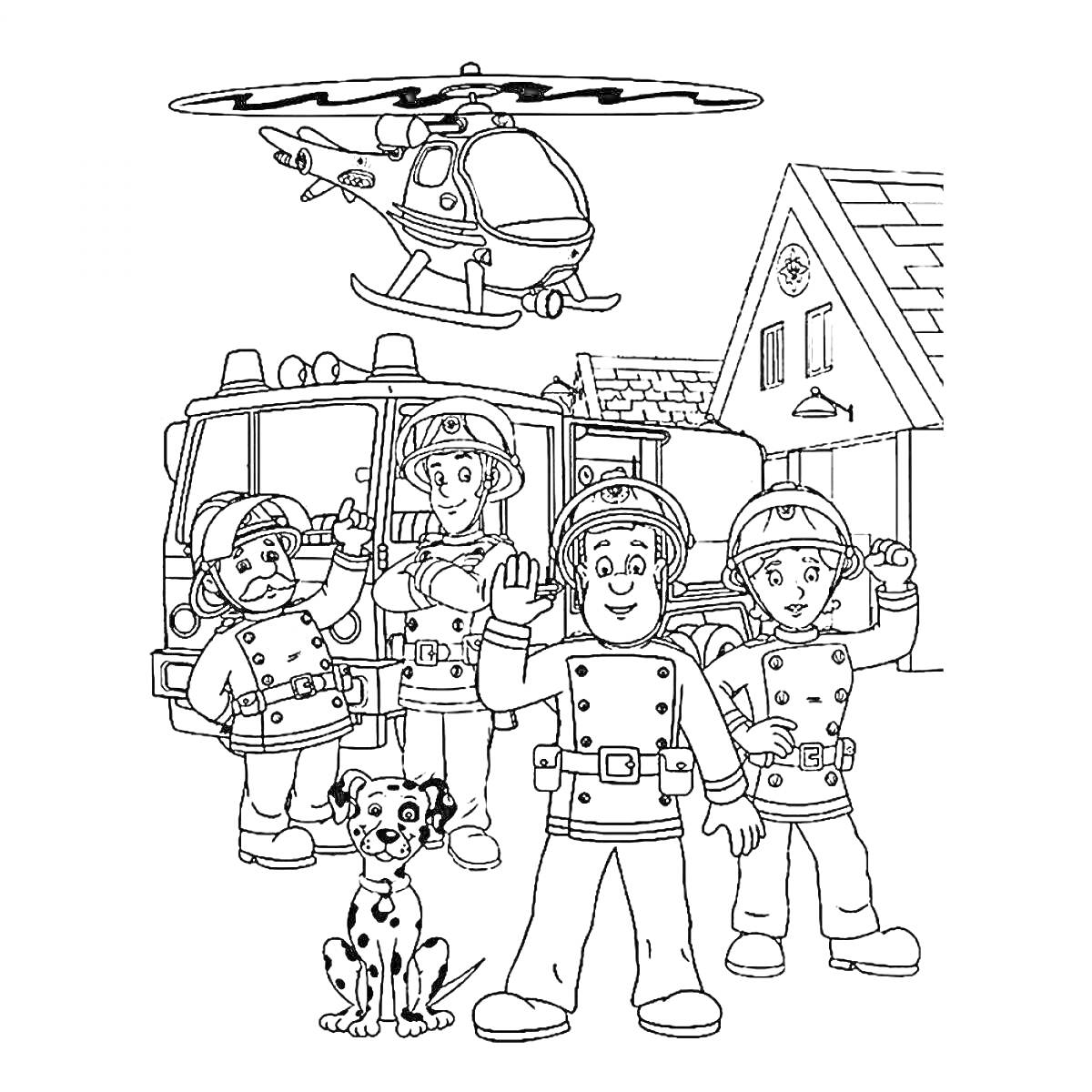 На раскраске изображено: Спасатели, Пожарные, МЧС, Вертолет, Пожарная машина, Дом, Собака
