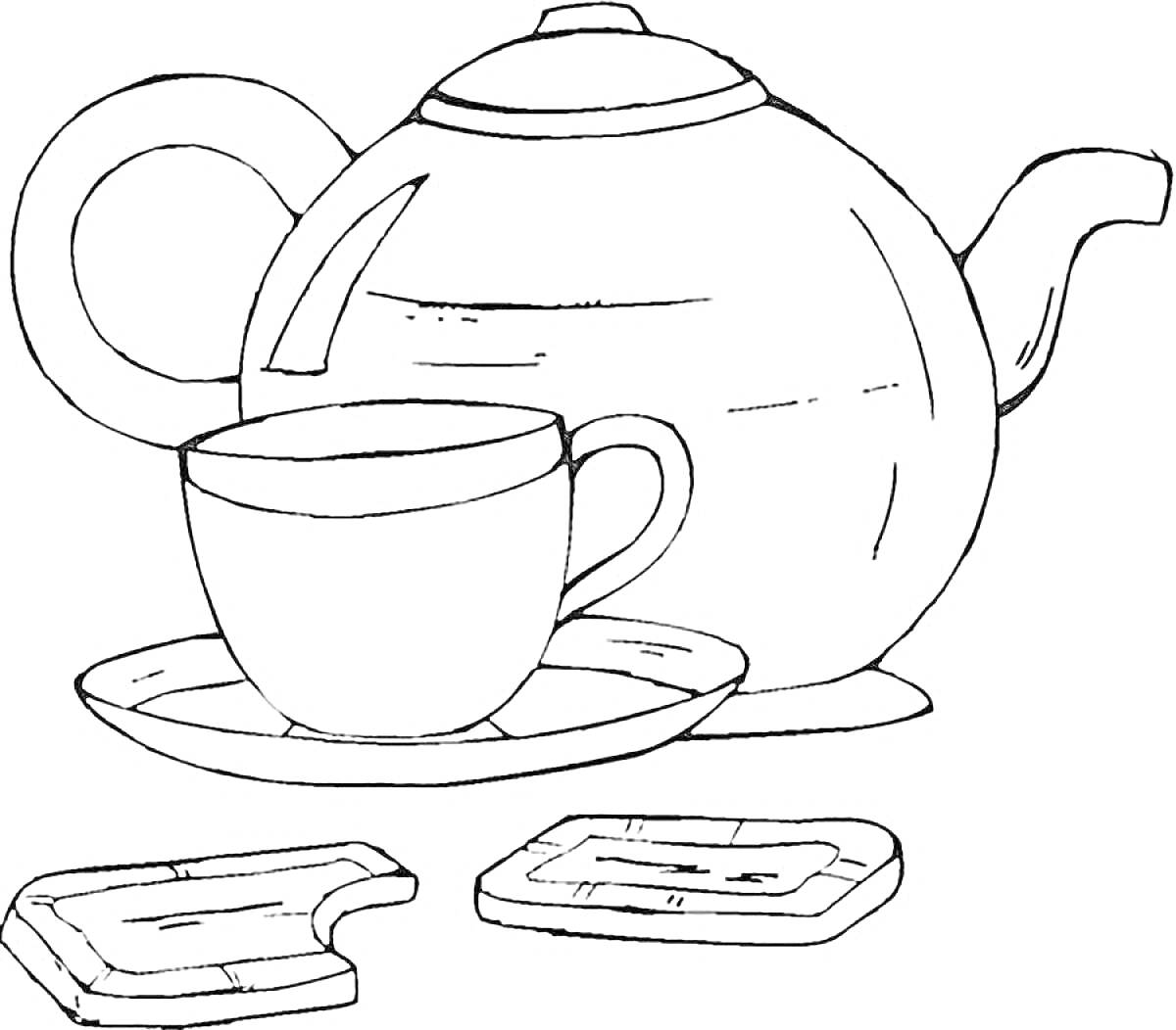 Раскраска Чайник с чашкой на блюдце и двумя печеньями