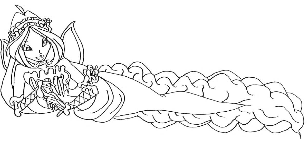 Раскраска Котик русалка с розой в руках и венком на голове