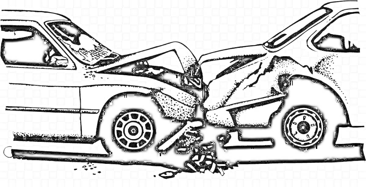 Раскраска Лобовое столкновение двух автомобилей с мятинами и повреждениями на капотах, выбитые элементы