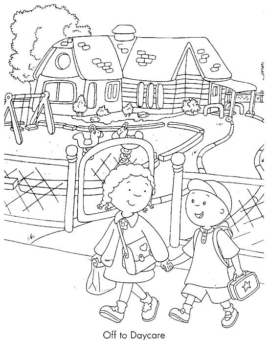Раскраска Дети идут в детский сад с рюкзаками и сумками, дом, забор, деревья, качели