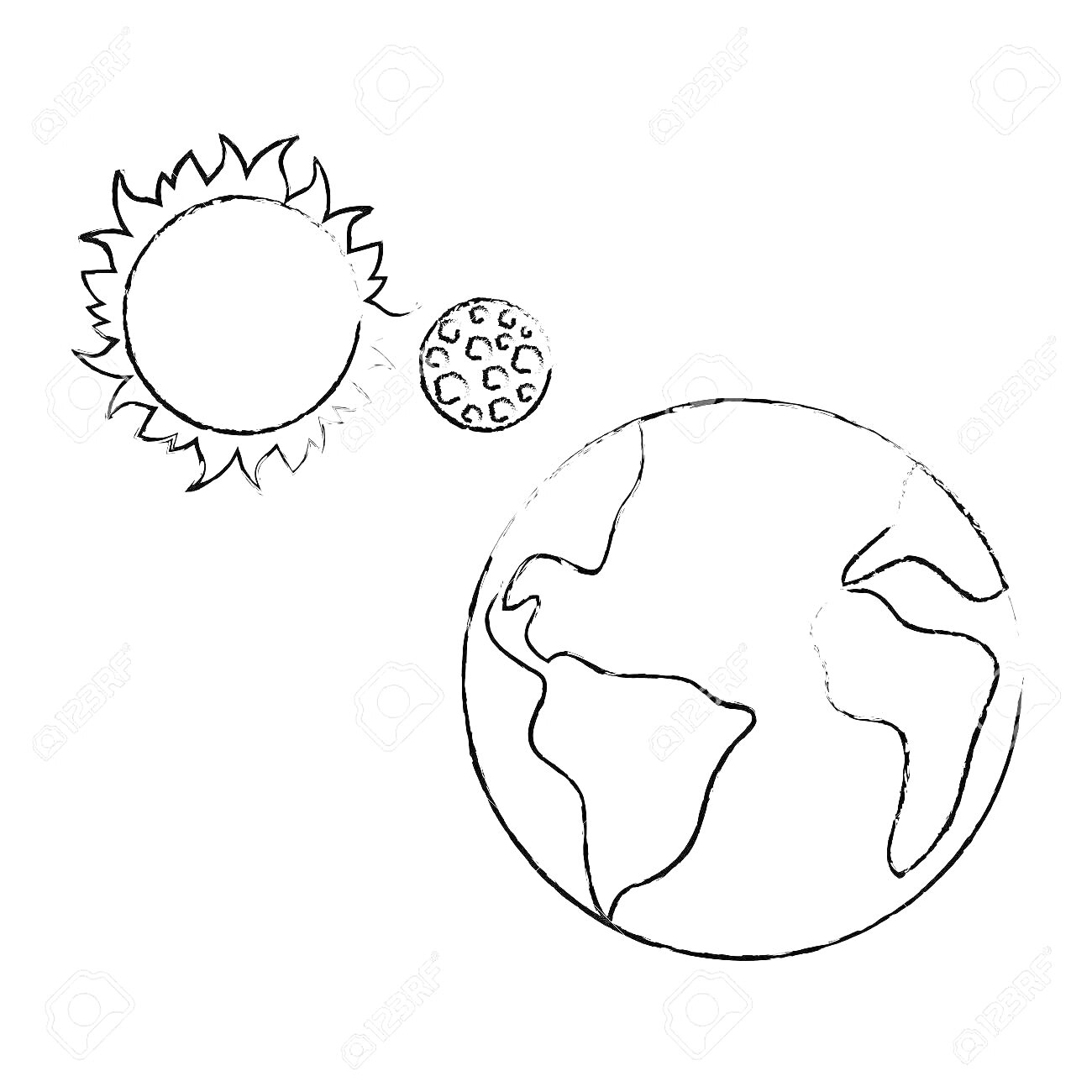 На раскраске изображено: Земля, Луна, Солнце, Космос, Планеты, Звезды, Астрономия, Учеба, Творчество