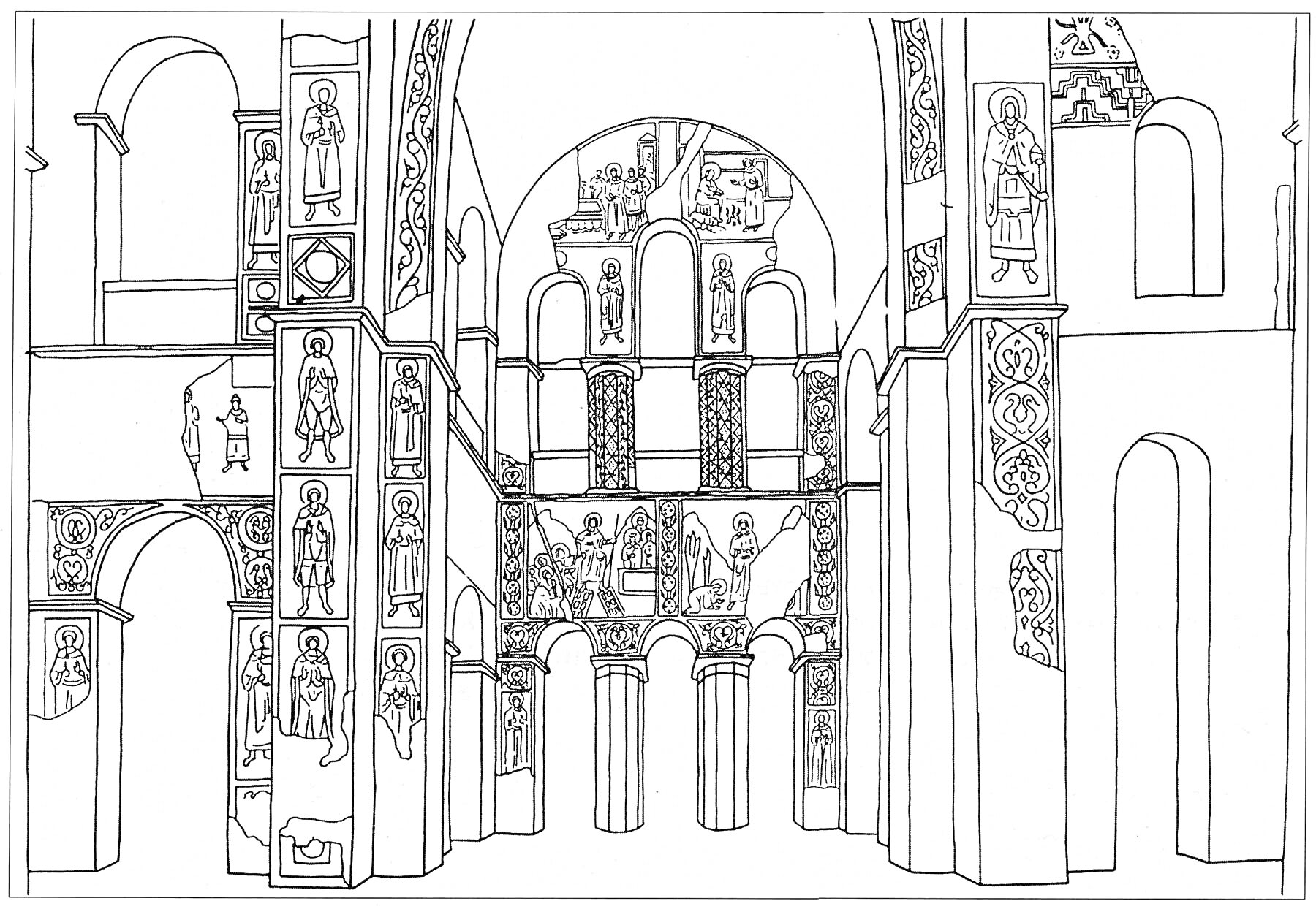 Раскраска Интерьер христианского храма с арками, колоннами и иконостасом, фресками и орнаментами.