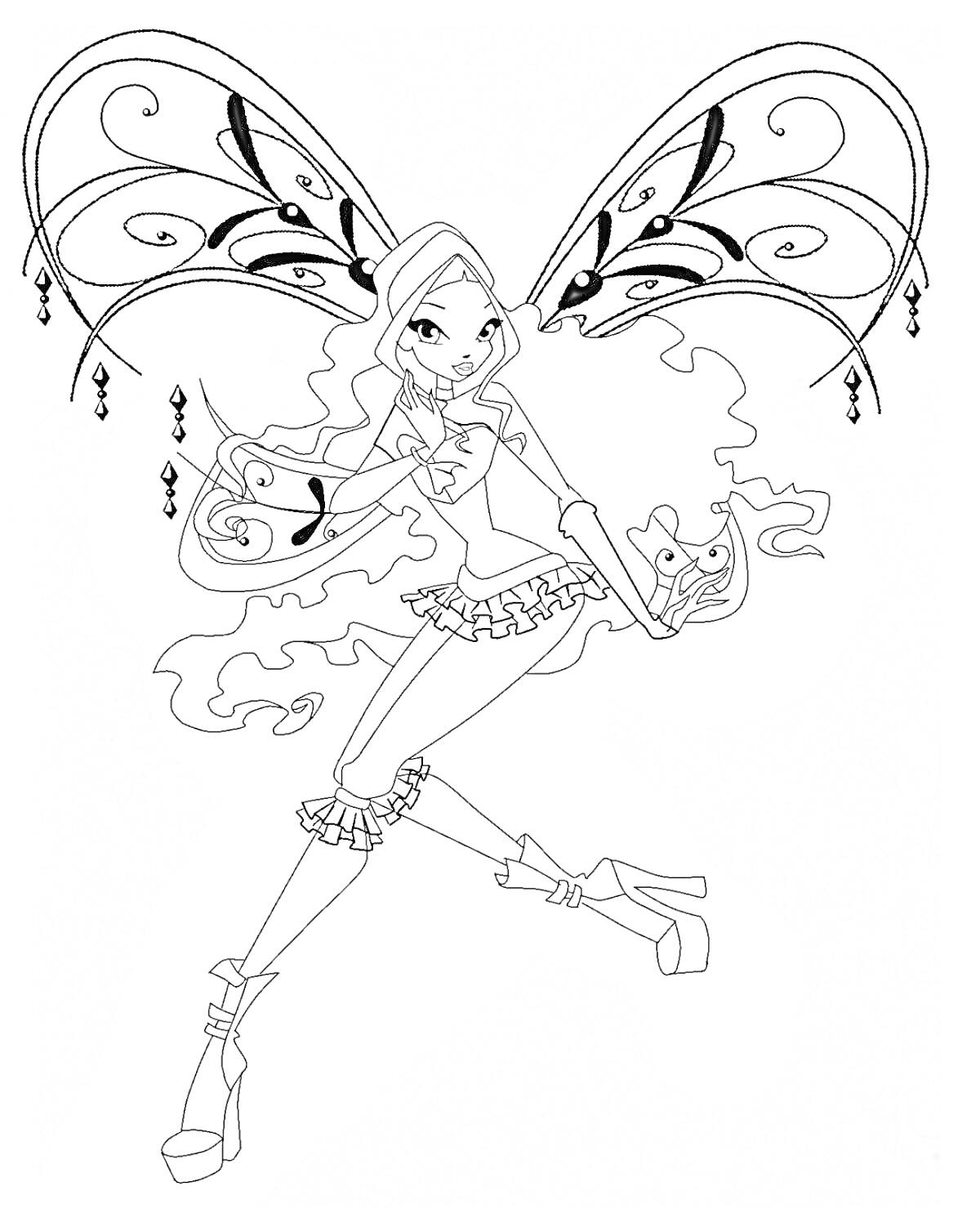 Раскраска Винкс Лейла с большими изогнутыми крыльями, длинными волосами, в короткой юбке и сапогах на платформе.