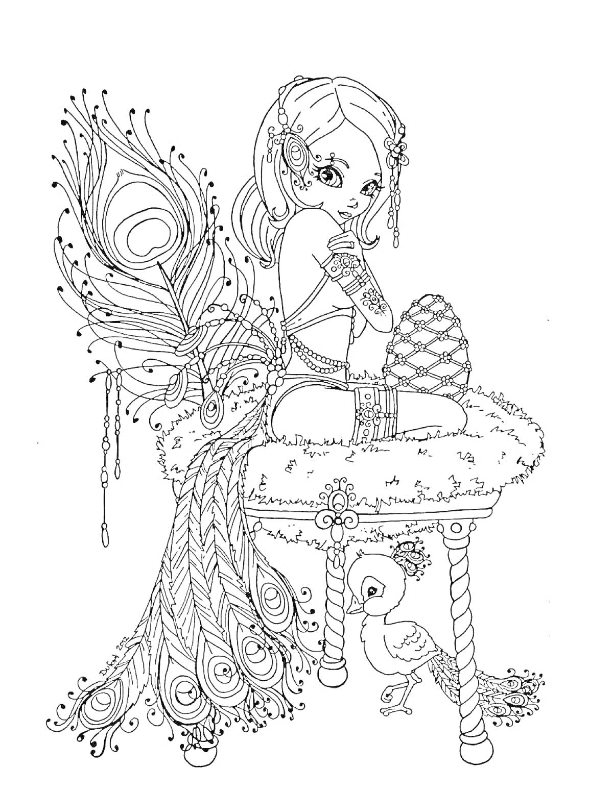 Раскраска Девочка с павлиньим хвостом, сидящая на стуле рядом с птицей