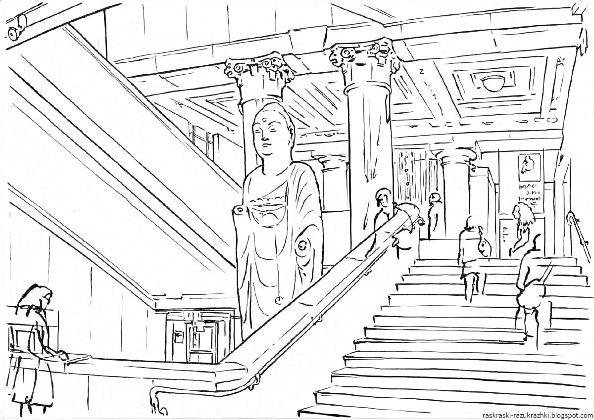 Раскраска Эрмитаж, главный лестничный холл с колоннами и статуями