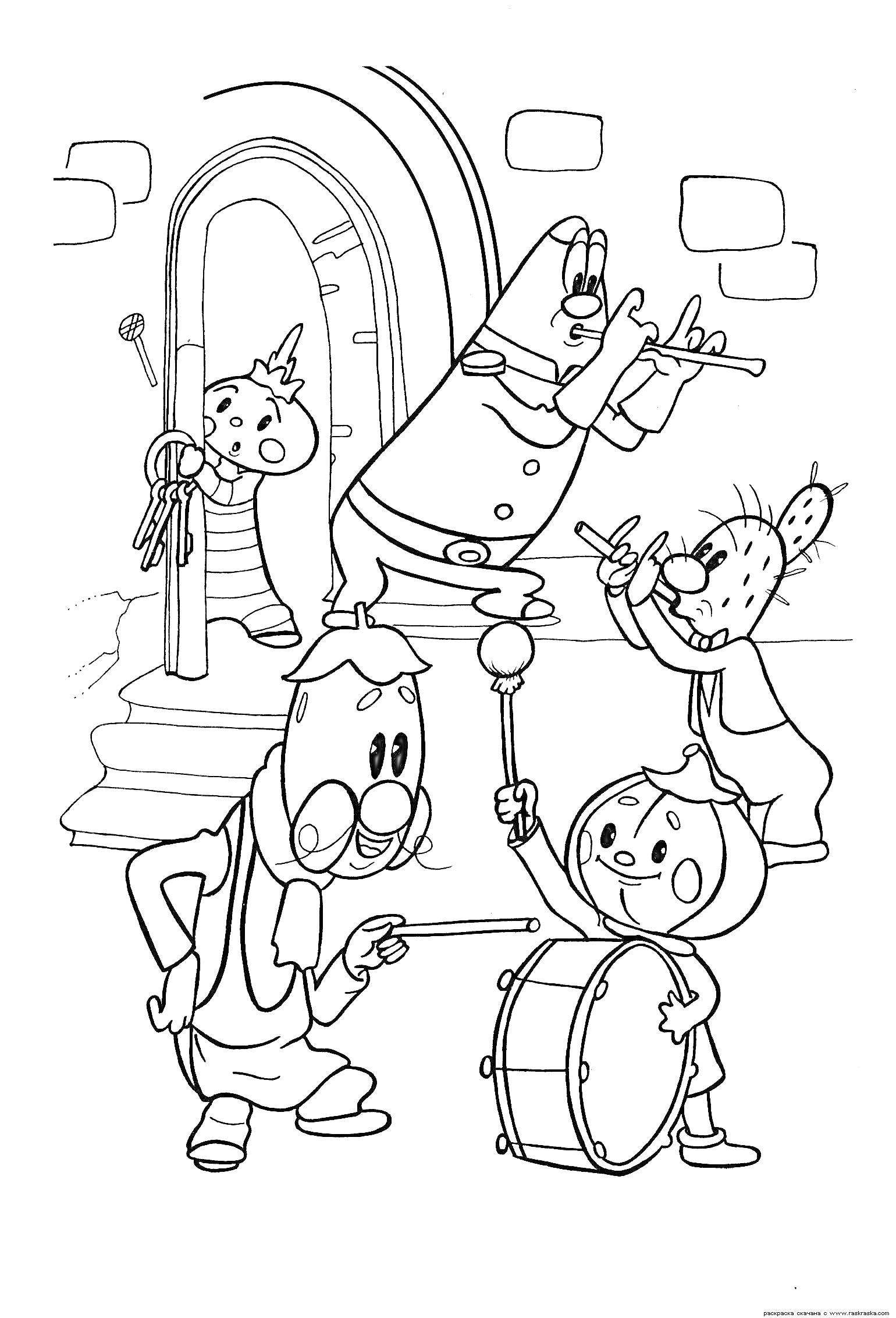 Раскраска Чиполлино и друзья играют на музыкальных инструментах у арки с дверью