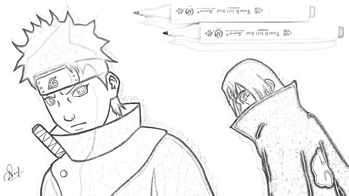 Раскраска Чёрно-бело изображение двух персонажей из аниме с двумя маркерами сверху. Один персонаж в повязке с символом деревни, второй в плаще с высоким воротником.