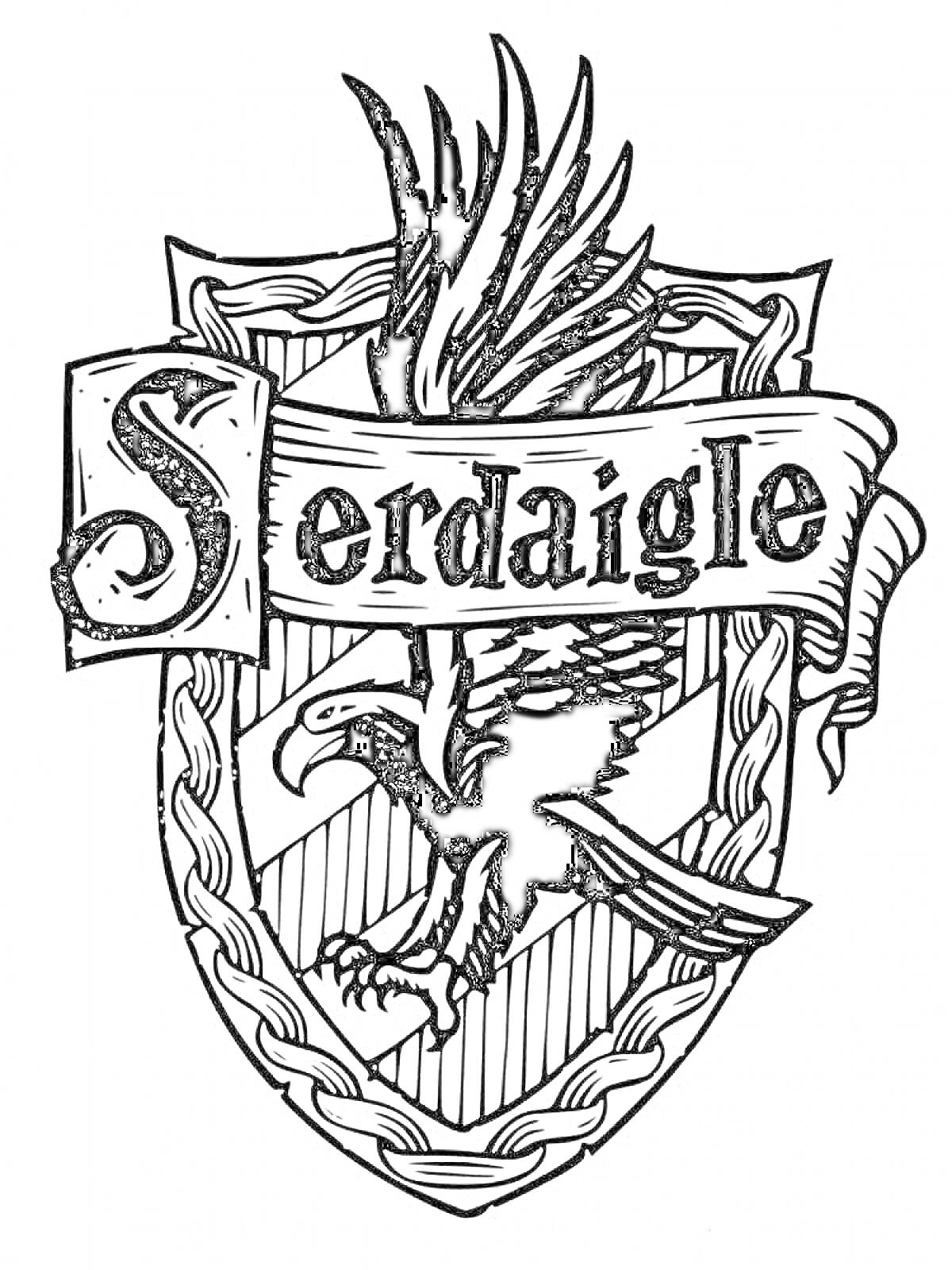 Раскраска Герб Равенкло с орлом и надписью 