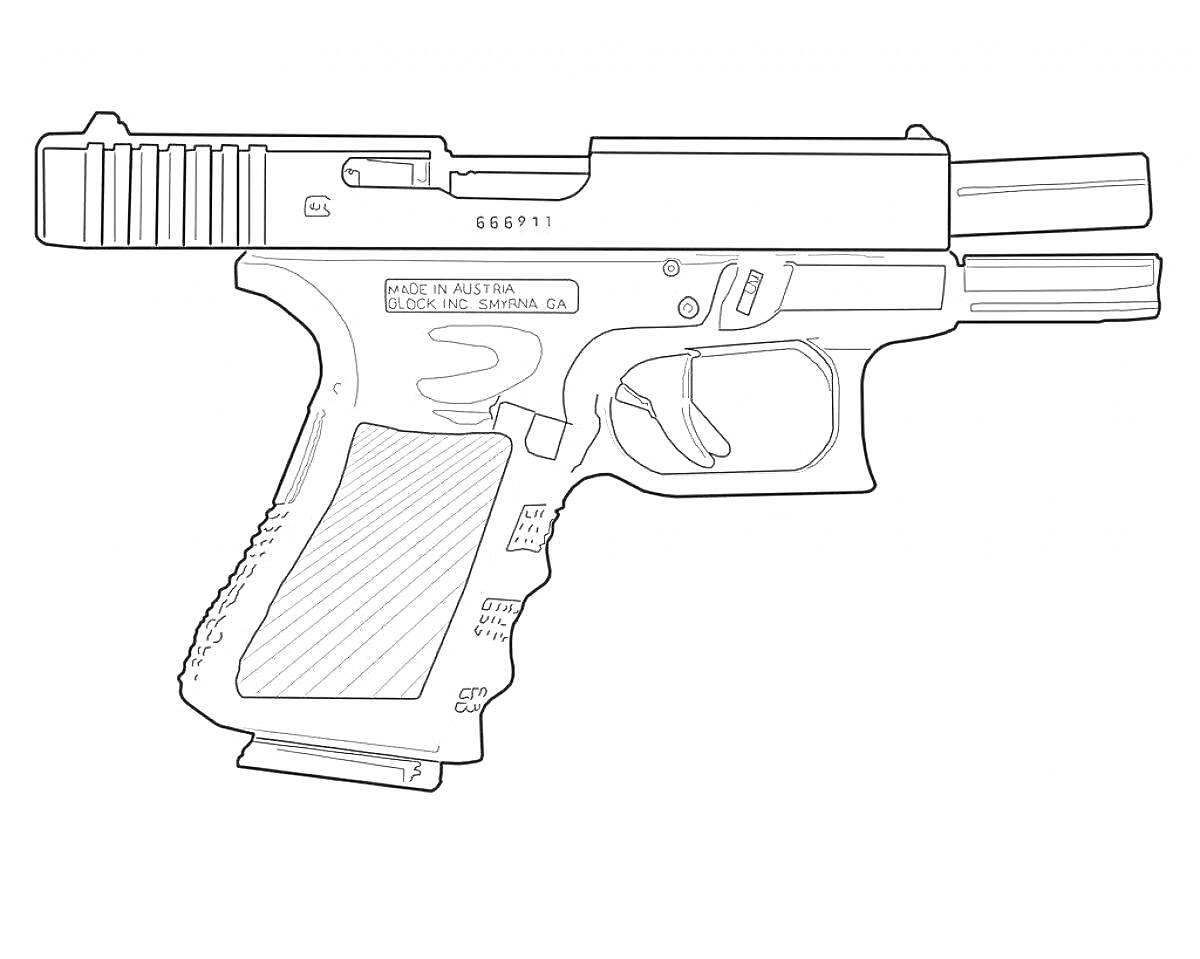 Раскраска Чертеж пистолета Desert Eagle с детализацией: дуло, спусковой крючок, рукоятка, магазин