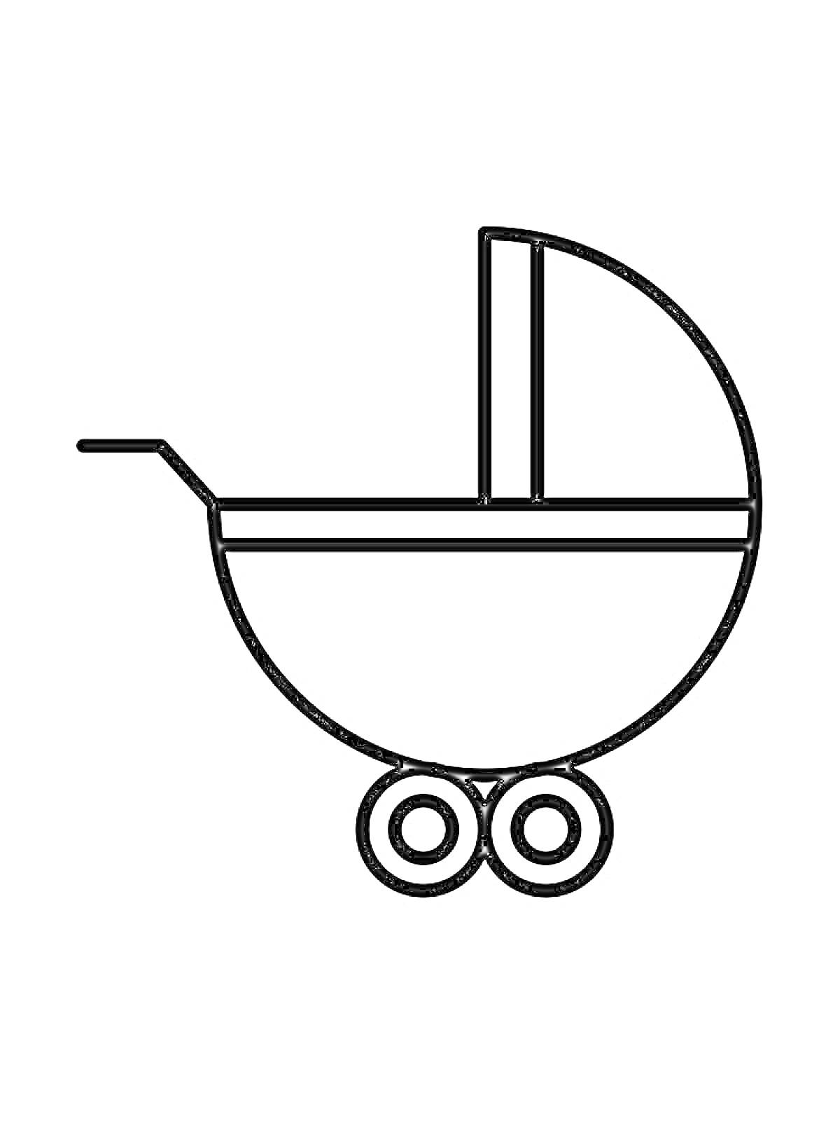 На раскраске изображено: Коляска, Ребёнок, Транспорт, Колеса, Крыша, Ручка, Контур