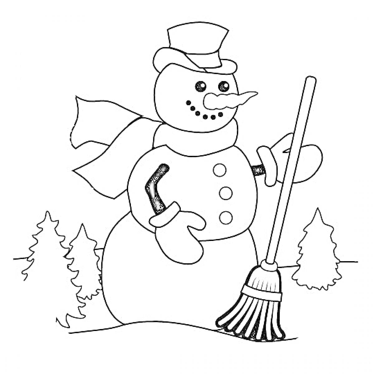 Раскраска Снеговик с метлой на фоне деревьев