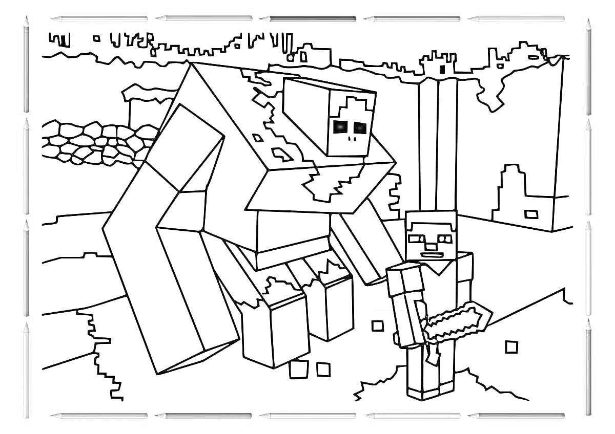 На раскраске изображено: Майнкрафт, Для мальчиков, 8 лет, Голем, Пейзаж, Кубический мир
