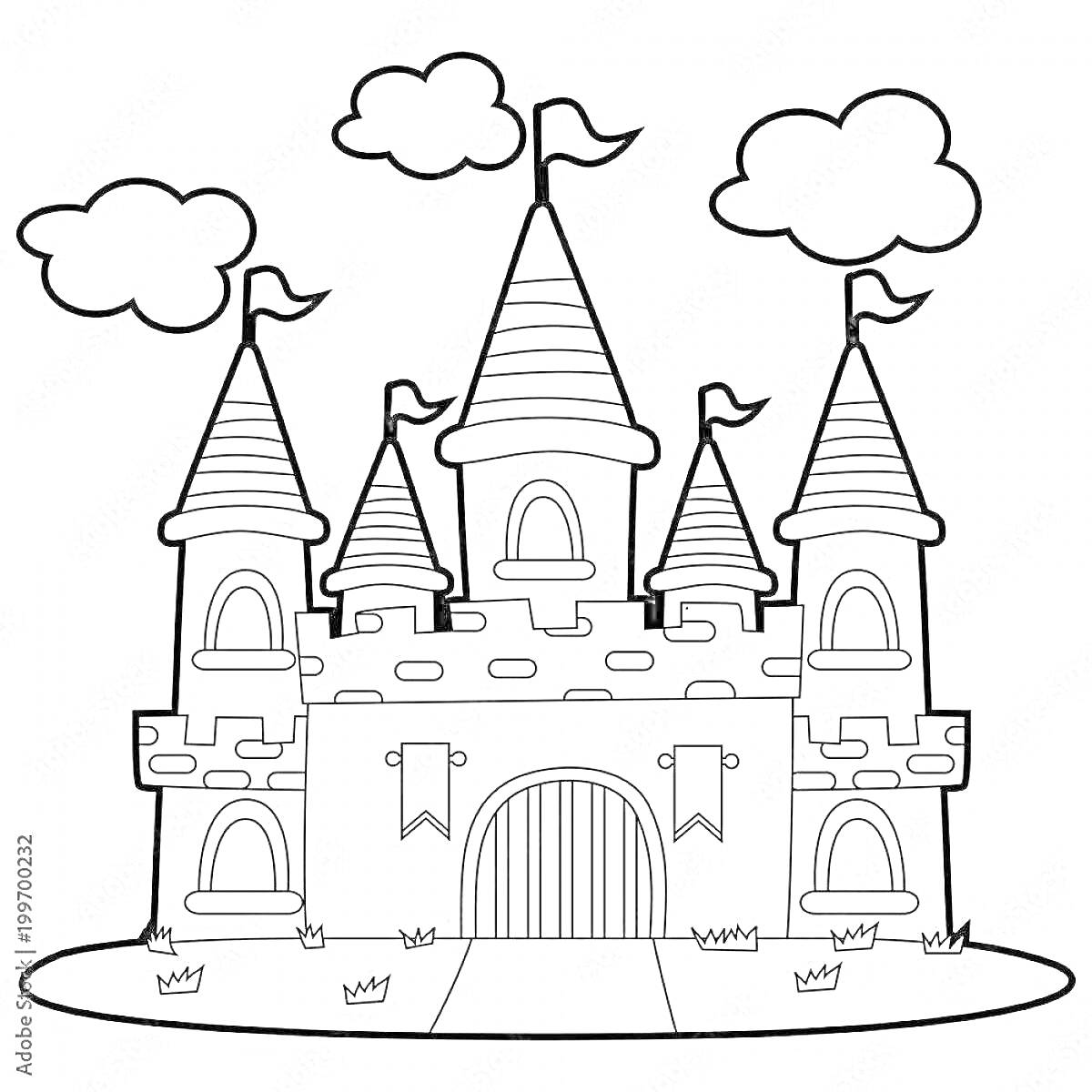 На раскраске изображено: Замок, Принцесса, Башни, Облака, Дверь, Дворец