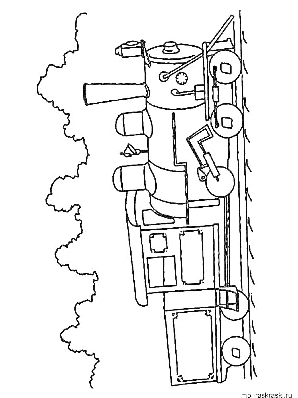 Раскраска Паровозик на железной дороге с дымом