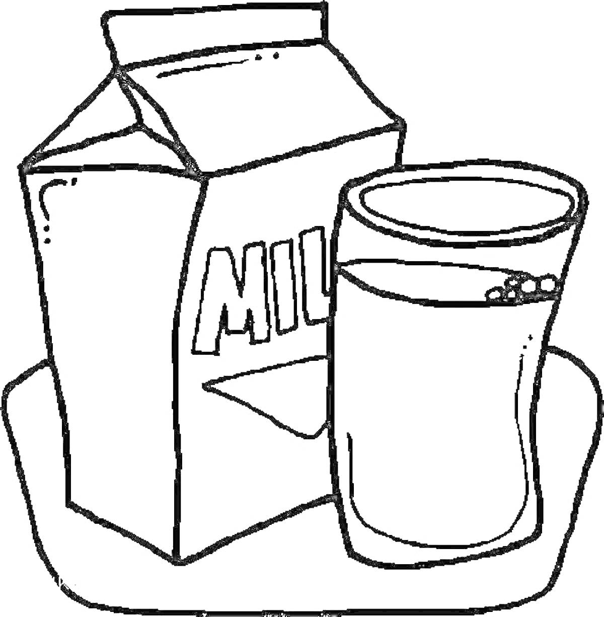 На раскраске изображено: Молоко, Пакет, Стакан, Поднос, Напиток, Завтрак, Здоровое питание, Для детей, Продукты