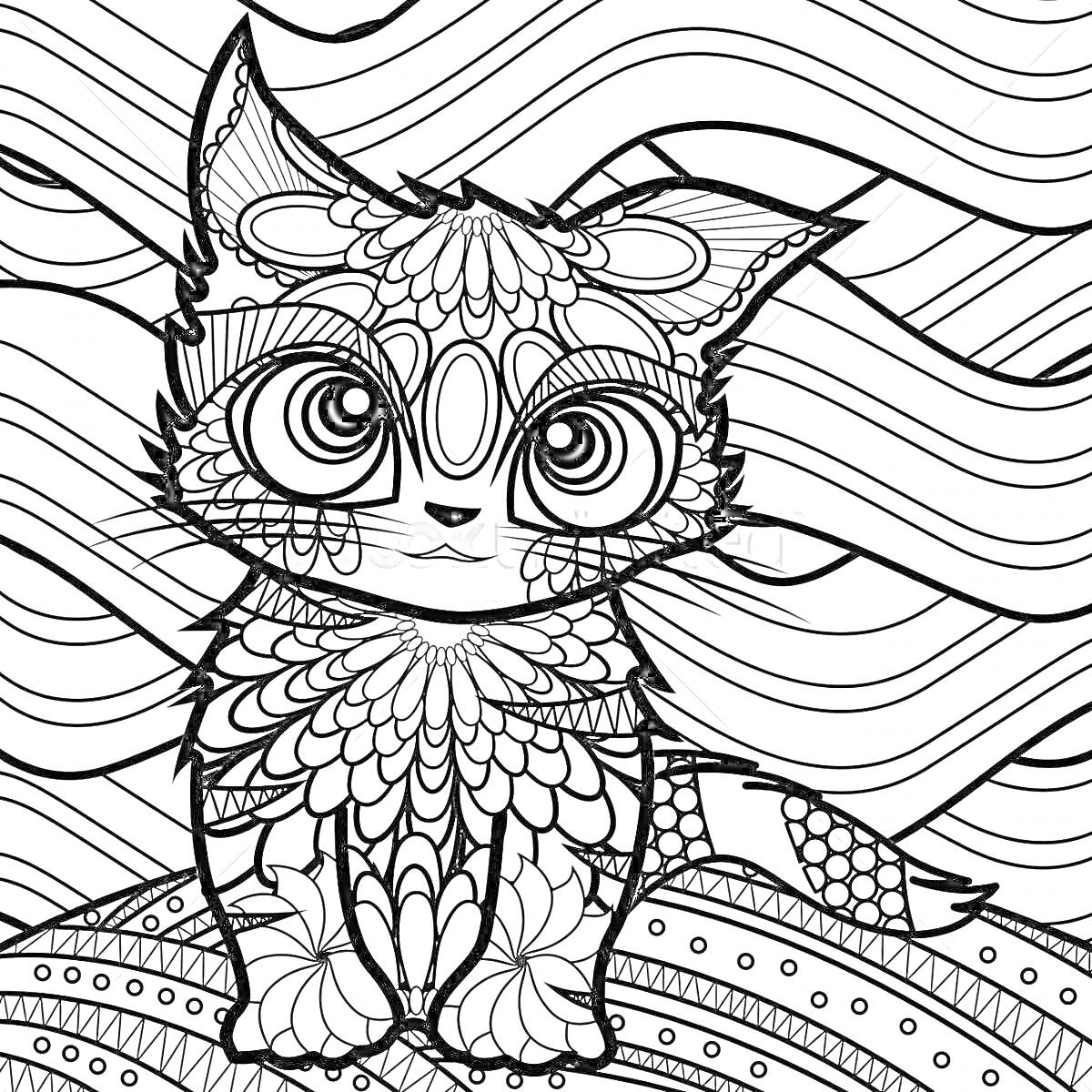 Раскраска Арт кот на узорчатом фоне с волнами и декоративными элементами