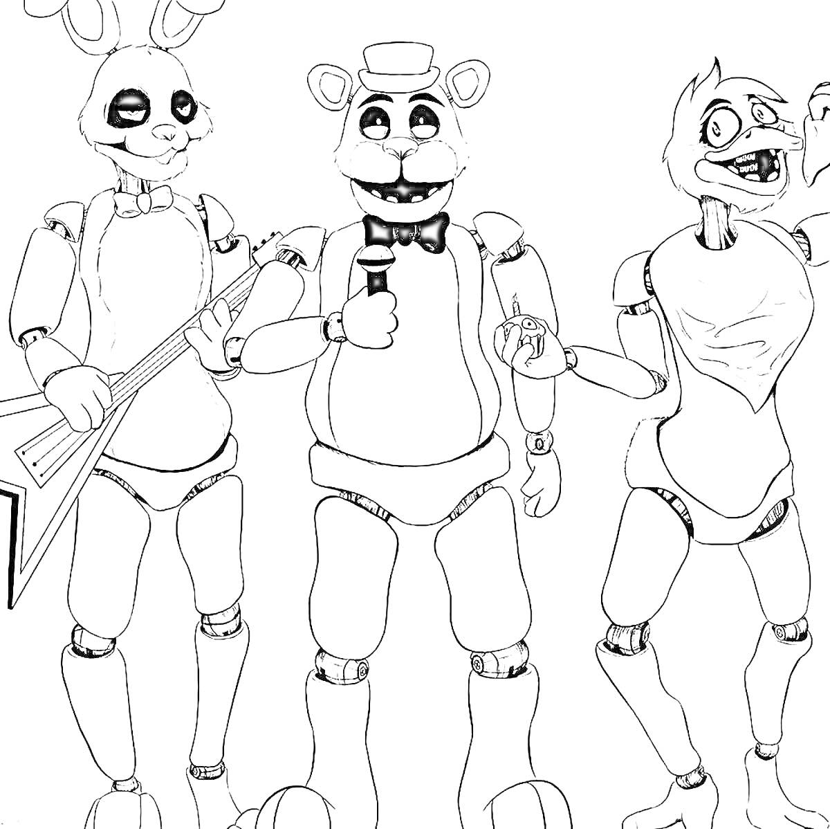 Раскраска Три аниматроника - заяц с гитарой, Фредди с микрофоном, цыпленок