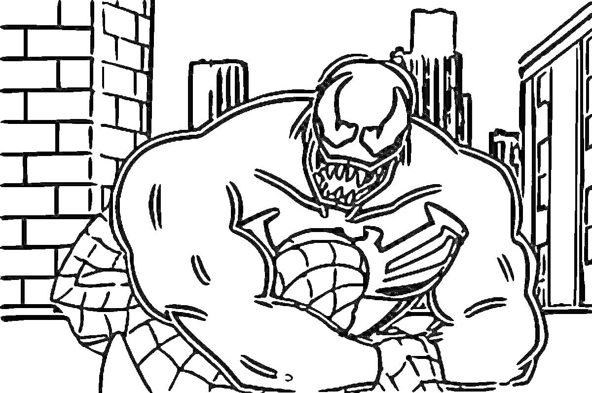 Раскраска Веном схватил Человека-Паука на фоне городских зданий