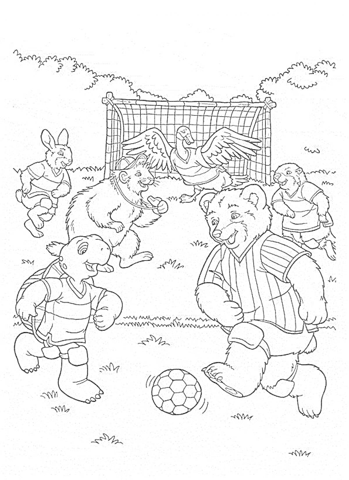 На раскраске изображено: Футбол, Кролик, Хомяк, Медведь, Ворота, Спорт, Игра, Животные, Мячи