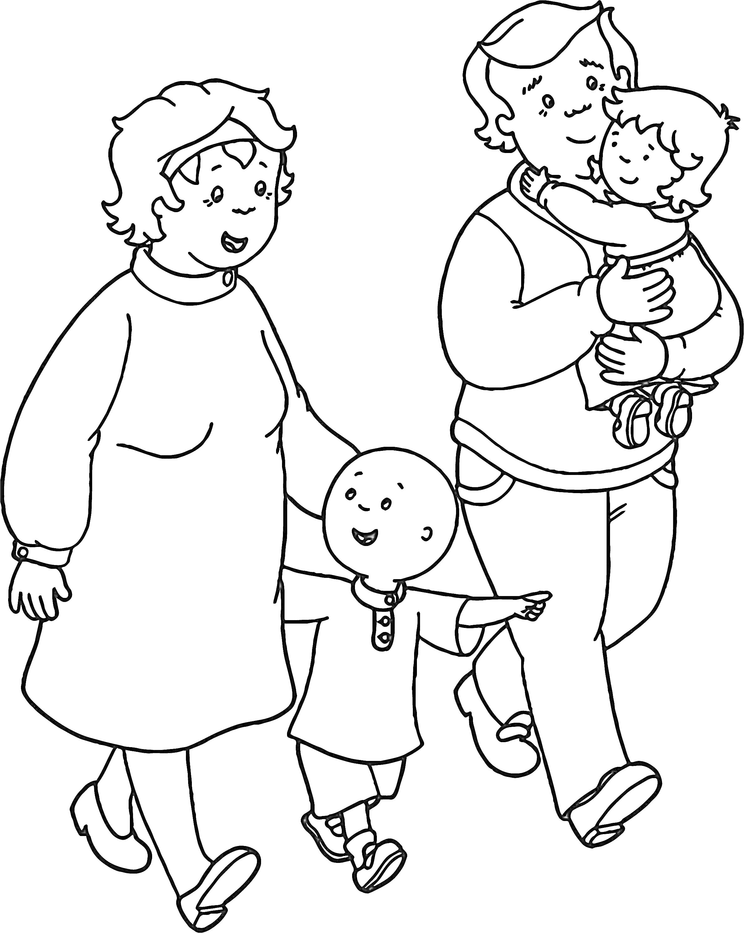 На раскраске изображено: Семья, Прогулка, Родители, Отец, Малыш, Ребенок, Любовь, Семейные отношения