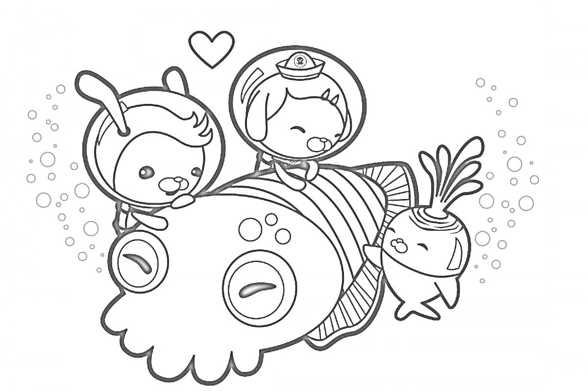 Раскраска Октонафты с кальмаром, три персонажа в скафандрах со шлемами, сердце и пузырьки
