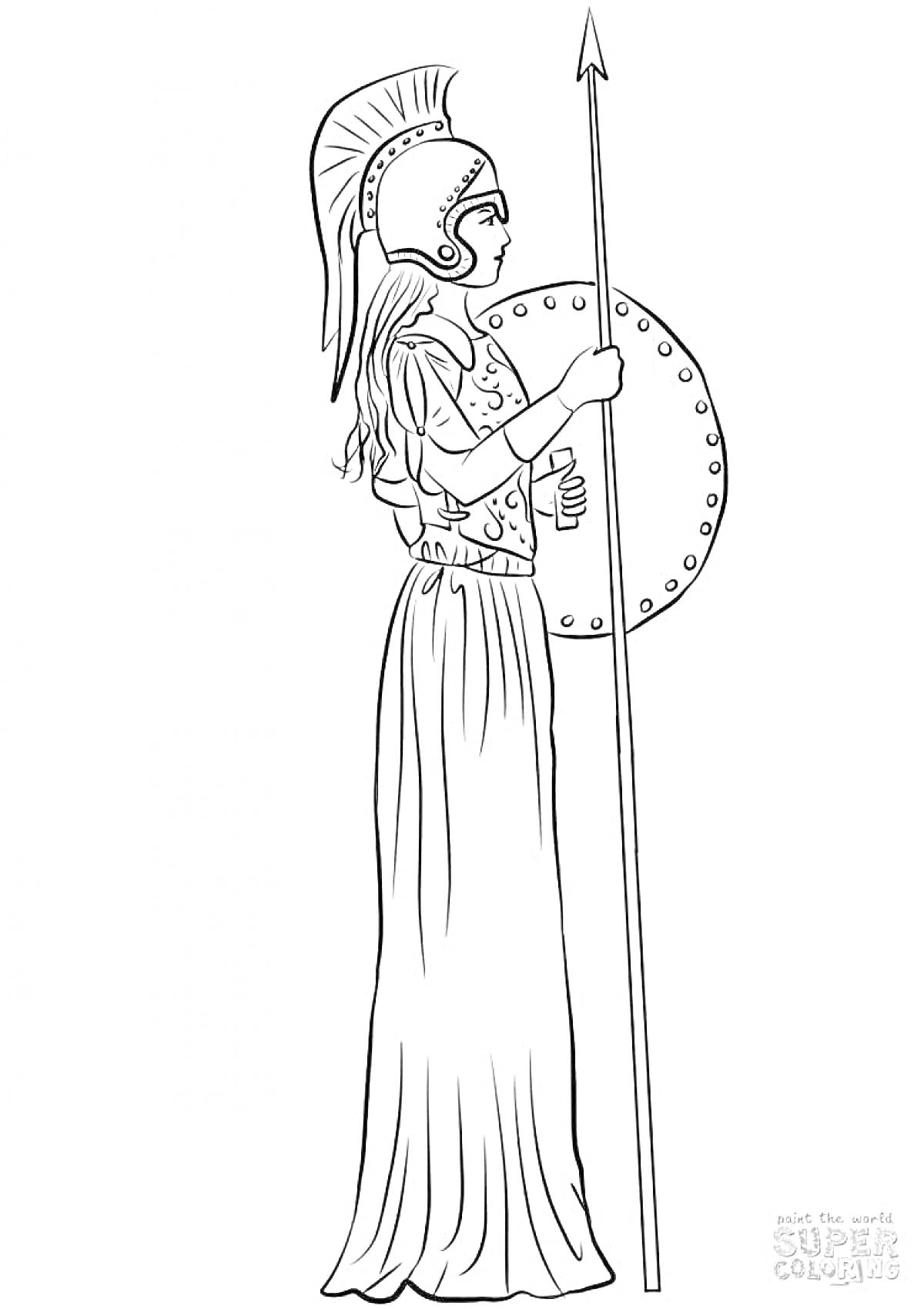 На раскраске изображено: Афина, Богиня, Древнегреческая мифология, Щит, Женский персонаж, Античная одежда