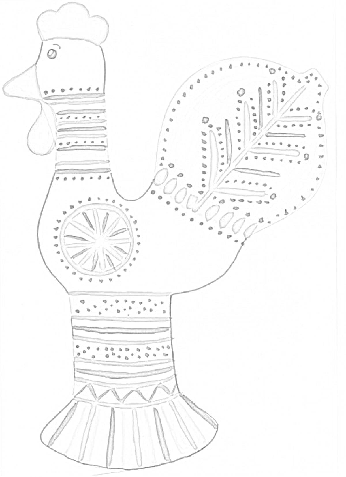Раскраска Фигурка птицы с филимоновской росписью, украшенная орнаментами: точками, линиями, кругами и узором в виде листка