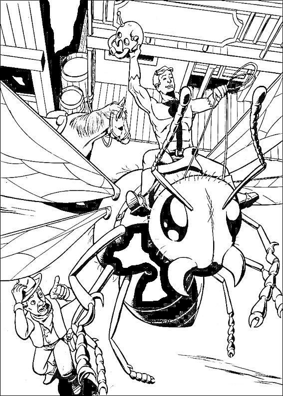 Раскраска Человек верхом на гигантском муравье с маской в руке, человек на коленях и лошадь сзади в здании с бочками