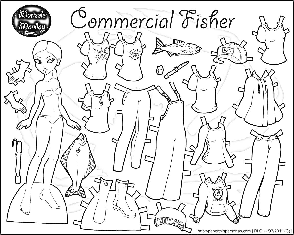 Раскраска Commercial Fisher - фигурка девочки, рыба, топы, майки, футболки, штаны, комбинезон, шорты, тельняшка, куртка, шапка, резиновые сапоги, рыболовный крючок.