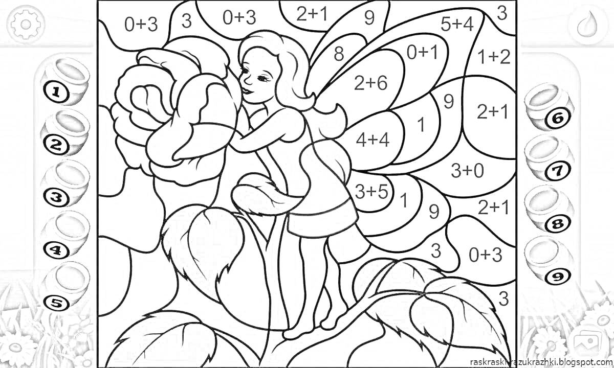 Раскраска Цветочная фея с цветком и листьями