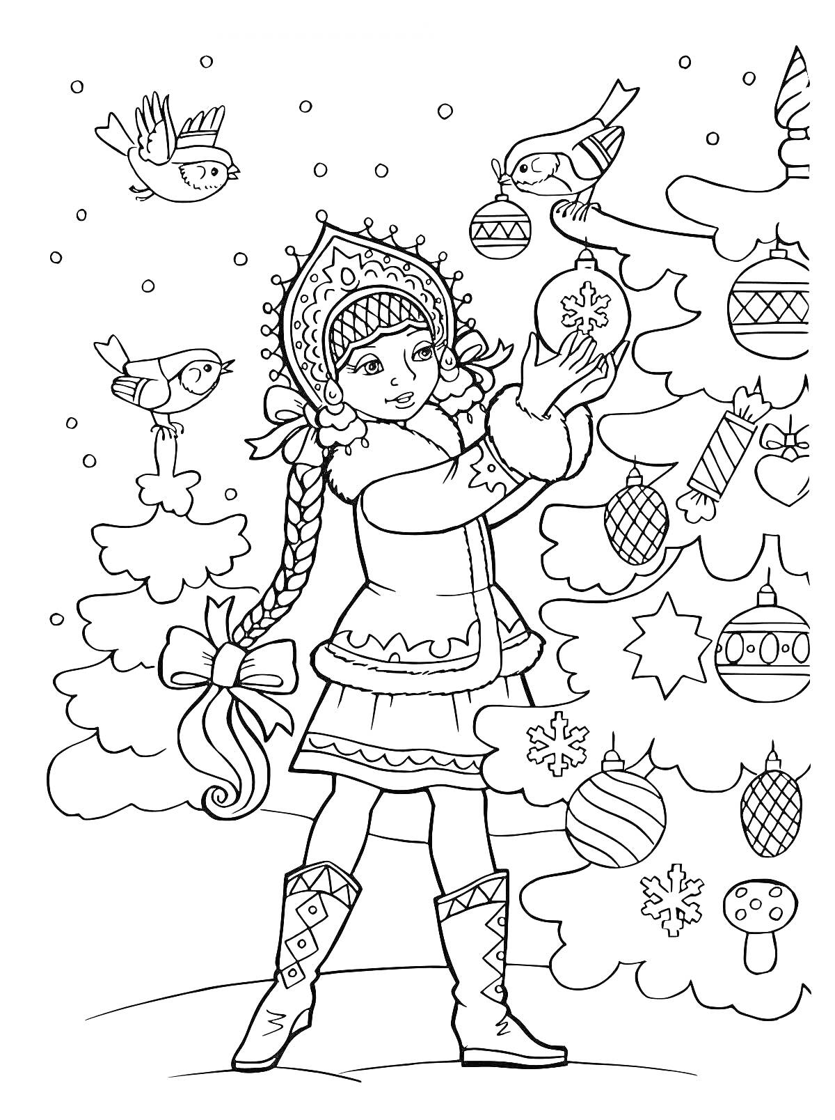 Раскраска Девочка в зимней одежде украшает рождественскую елку, птицы, елочные игрушки