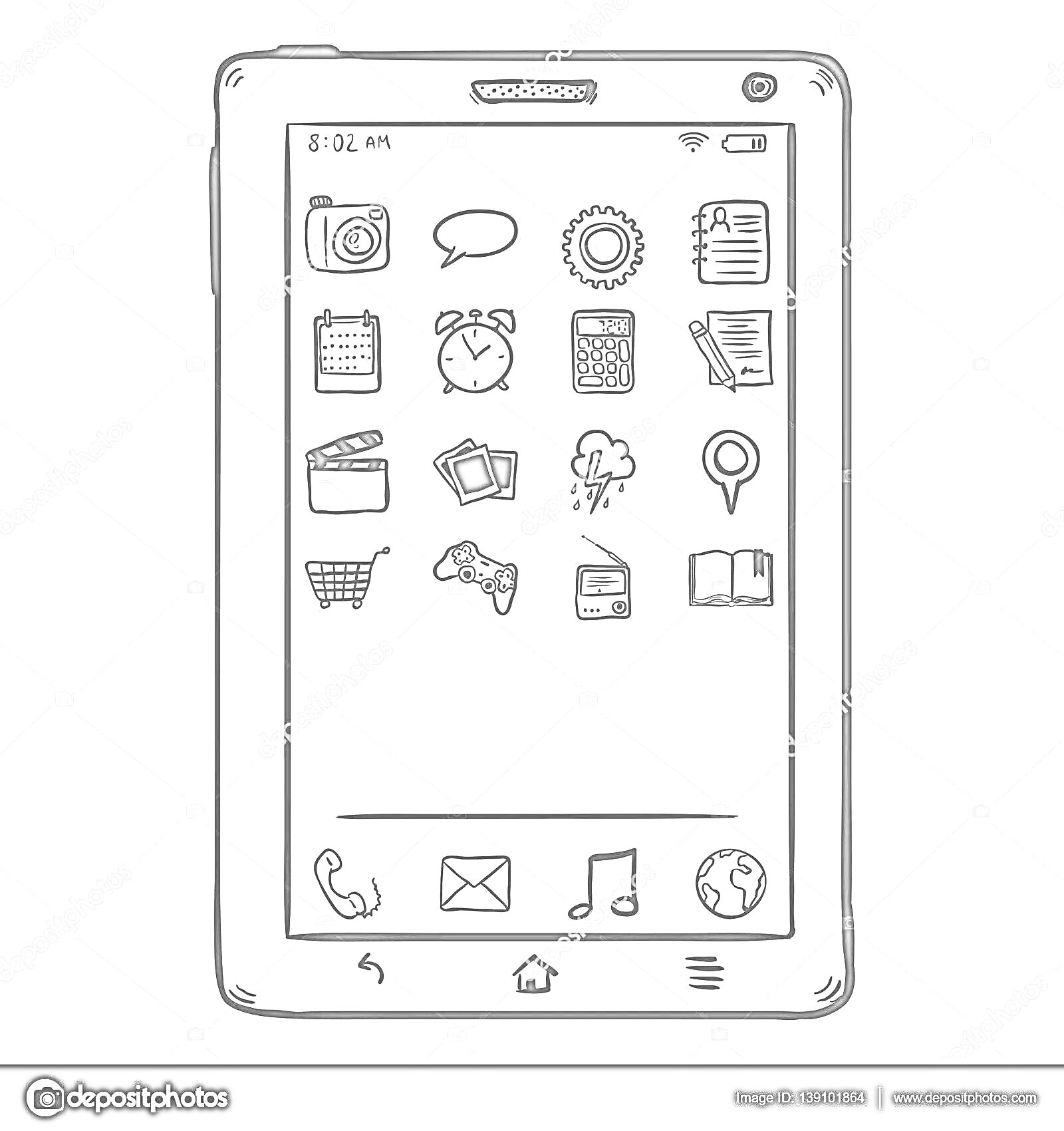 смартфон с иконками приложений (камера, настройки, заметки, календарь, будильник, файловая папка, кино, фото, установленный дисплей, поиск, корзина для покупок, игровая приставка, чат, музыка, книга, телефон, почта, глобус)