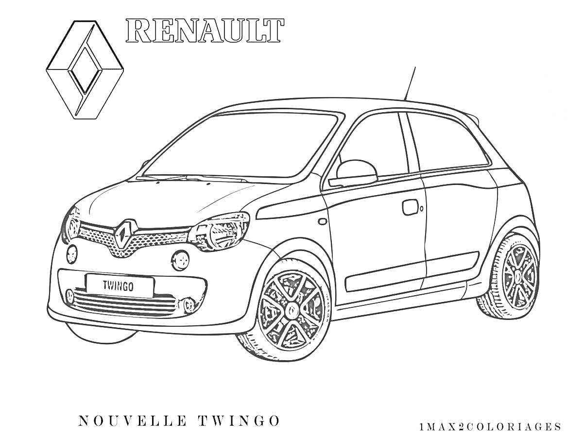 Раскраска Renault Logo, Renault Twingo автомобиль (вид сбоку), текст 