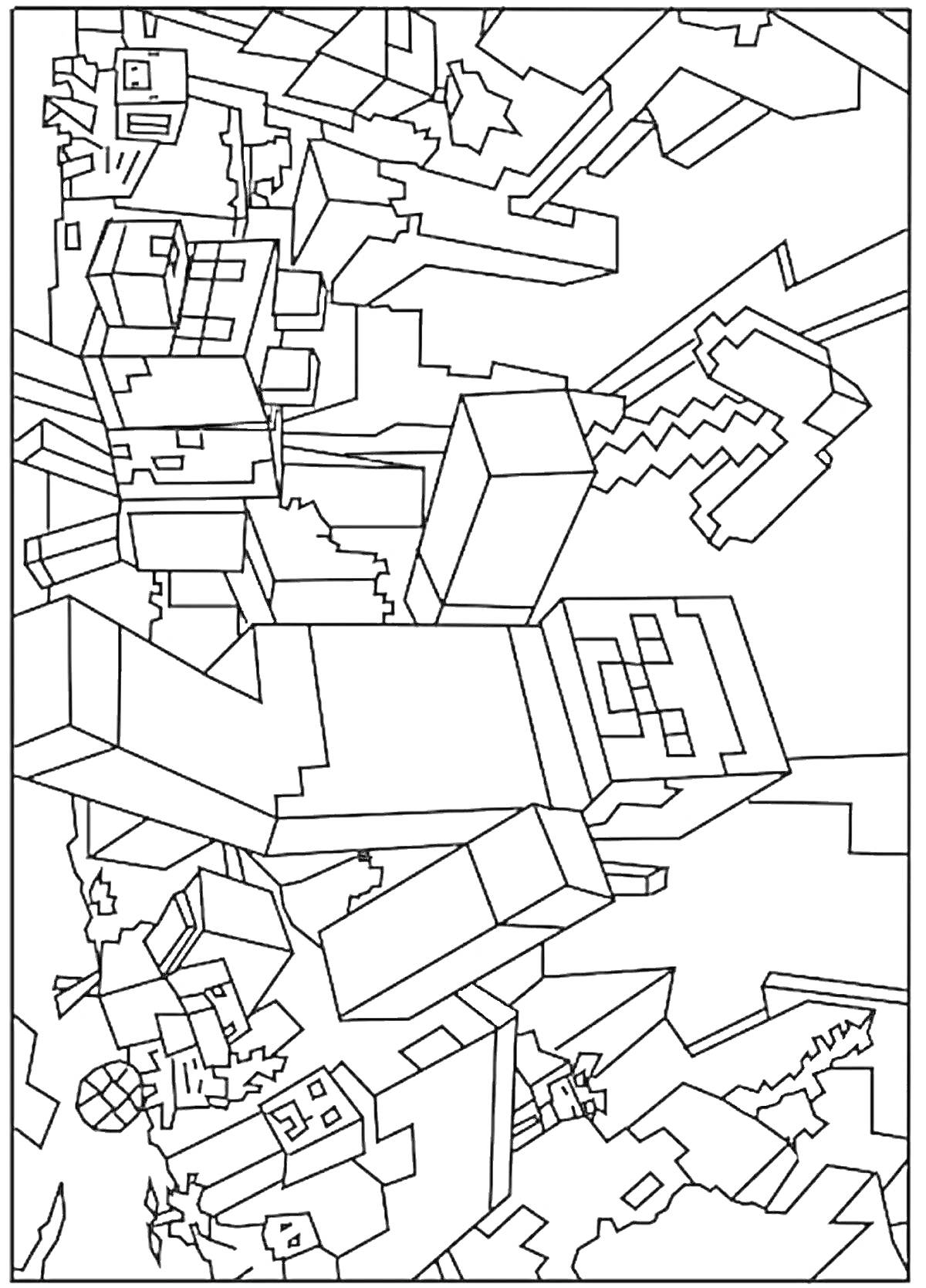 Раскраска Персонажи Майнкрафт в действии с кирками и мечами на фоне окружения игры