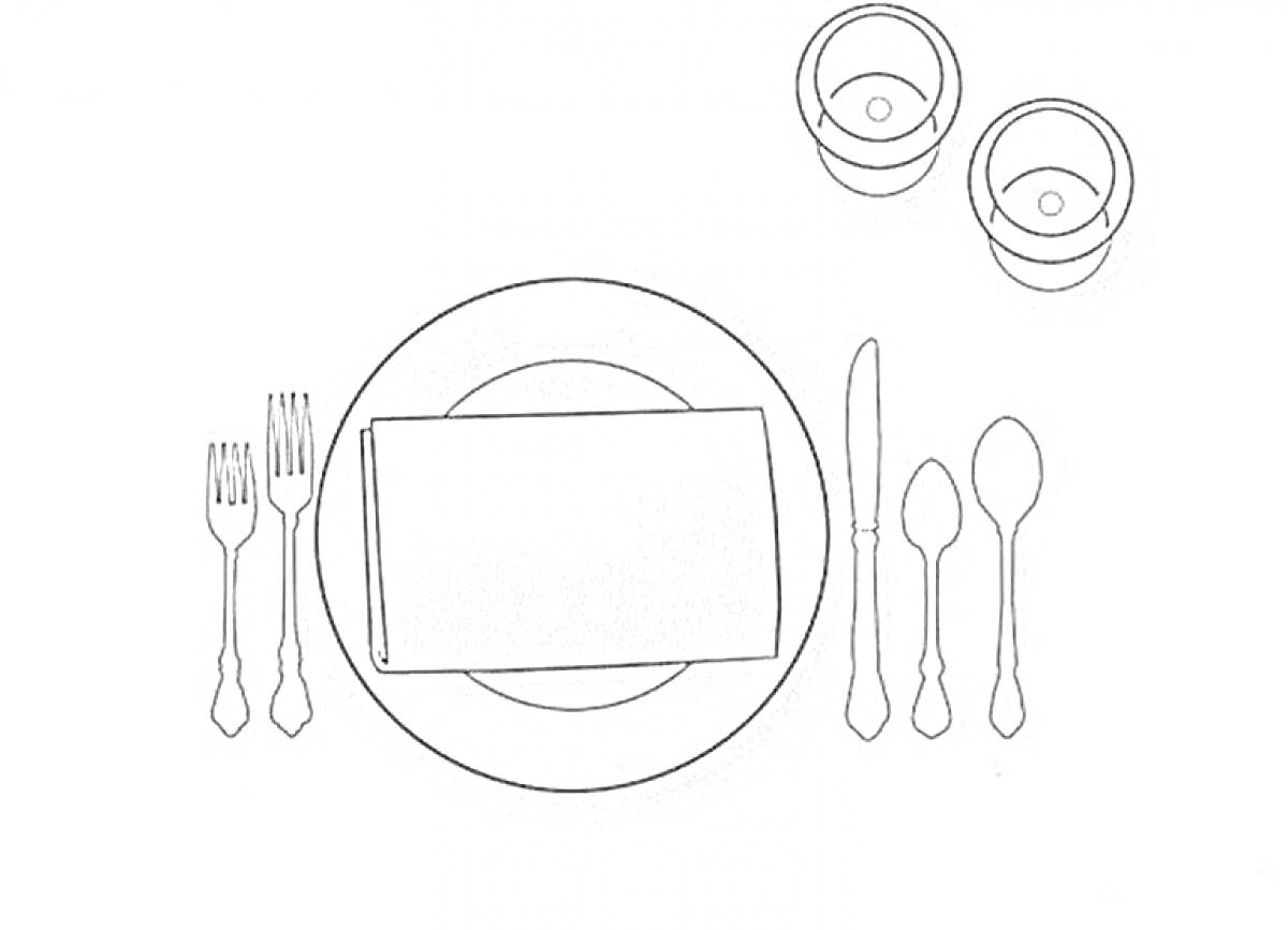 На раскраске изображено: Сервировка стола, Тарелка, Вилка, Нож, Ложка, Стакан