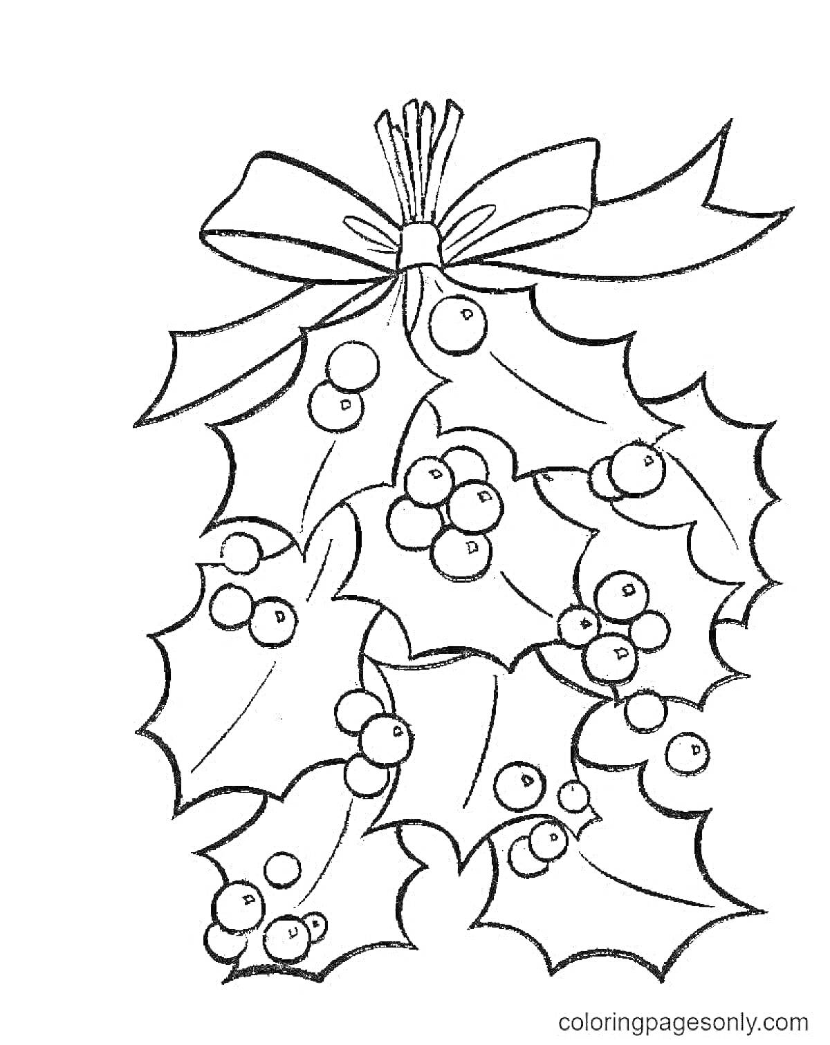Раскраска Веточка с рождественской остролистом и ягодами с бантом