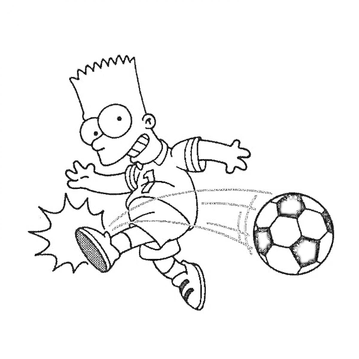 На раскраске изображено: Барт Симпсон, Футбол, Удар, Симпсоны