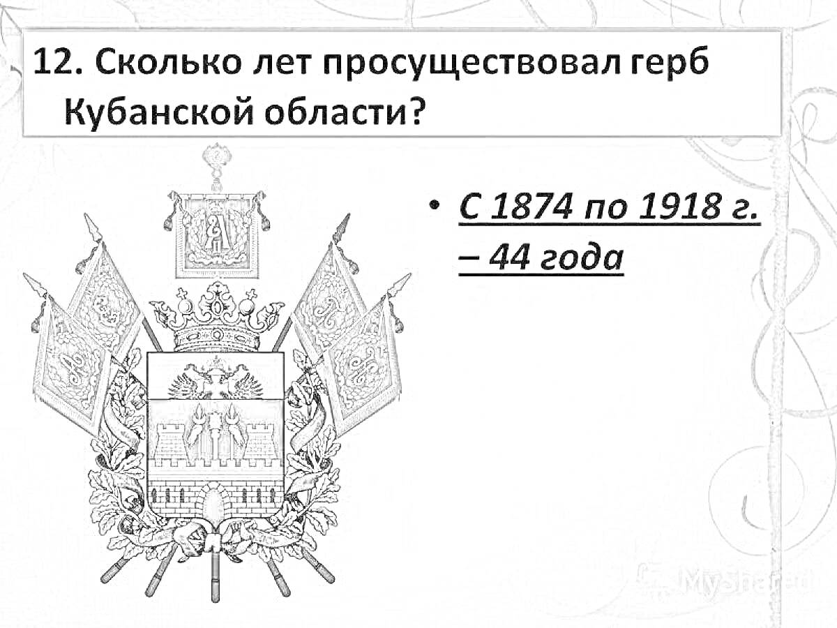 Раскраска Герб Кубанской области с окружающими знамёнами и датами