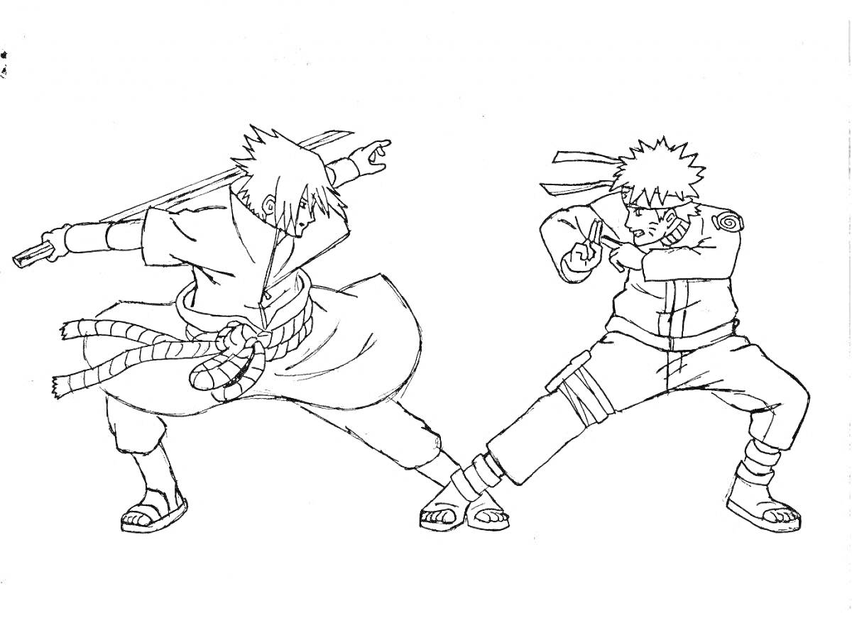 Раскраска Наруто и Саске в боевых позах, меч у Саске, Наруто с перевязанной лентой